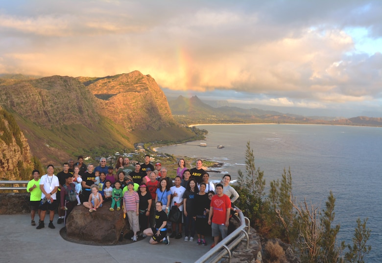 Honolulu District U.S. Army Corps of Engineers Commander Lt. Col. Kathryn Sanborn, Honolulu District Deputy District Commander Maj. Josh Sturgill and Pacific Ocean Division, U.S. Army Corps of Engineers Command Sgt. Maj. Patrickson Toussaint led roughly 40 Division and District personnel, families and friends on a two-mile hike to view the sunrise from the Corps of Engineers-built Makapu`u Lighthouse April 25, 2019, celebrating the 114th Birthday of the District. The Corps built Makapu'u Lighthouse in 1909 on a 647-foot sea cliff overlooking Makapu’u Beach in southeast Oahu. The Corps’ history in Hawaii and the Pacific began in 1905 when Lt. John Slattery became the District’s first commander. His original mission was to construct lighthouses for navigation, like Makapu’u. Makapu’u Point is a critical location passed by all ships moving between Honolulu and the U.S. Mainland. The lighthouse is still an active U.S. Coast Guard navigation aid in use today.