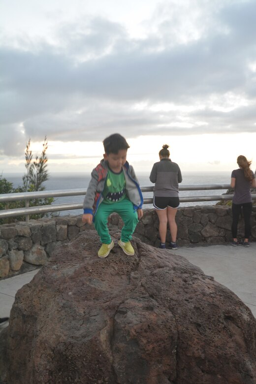 Honolulu District Chief of Resource Management and his 4 year old son Ethan enjoyed a two-mile hike to view the sunrise from the Corps of Engineers-built Makapu`u Lighthouse April 25, 2019, celebrating the 114th Birthday of the District.
