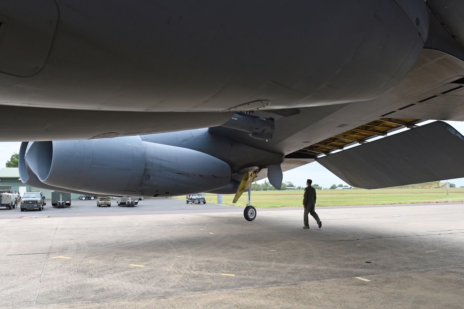 U.S. Air Force Capt. Joshua Drapes, 23rd Expeditionary Bomb Squadron pilot, performs a preflight inspection for a B-52 Stratofortress during Exercise Diamond Storm at Royal Australian Air Force Base Darwin, Northern Territory, May 9, 2019.