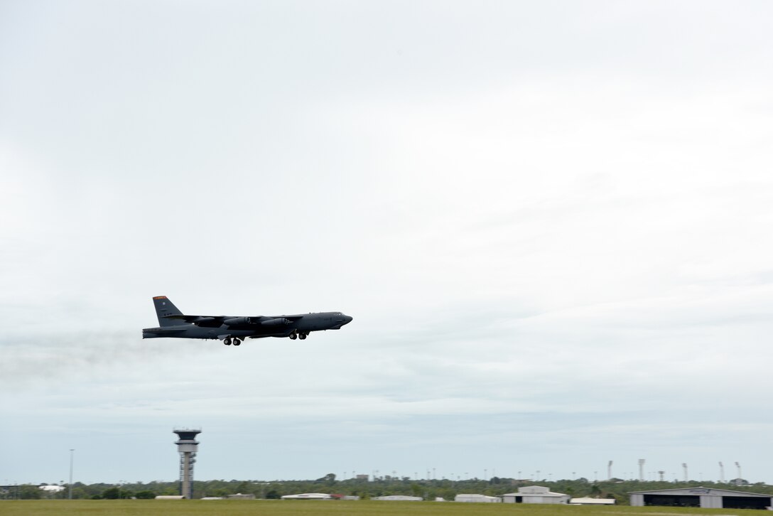 A U.S. Air Force B-52 Stratofortress assigned to the 23rd Expeditionary Bomb Squadron, deployed from Anderson Air Force Base, Guam, takes off during Exercise Diamond Storm at Royal Australian Air Force Base Darwin, Northern Territory, Australia, May 9, 2019.