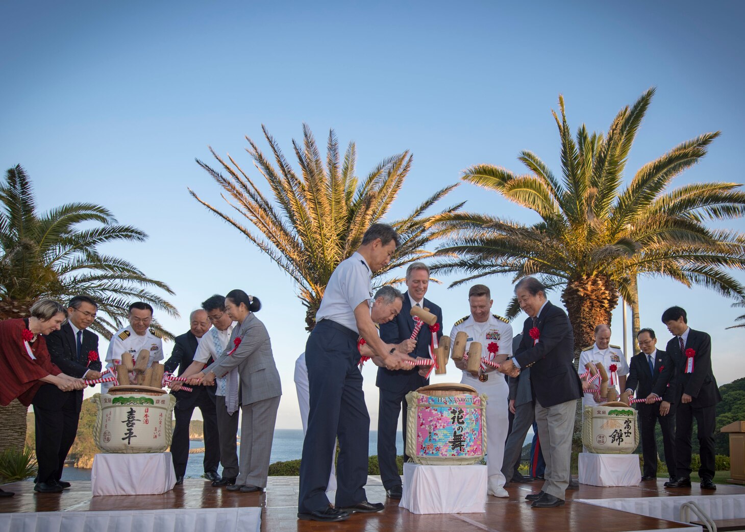SHIMODA, Japan (May17, 2019) Capt. Jonathon Duffy, commodore of Destroyer Squadron (DESRON) 15, participates in a traditional Japanese sake barrel ceremony during the 80th annual Shimoda Black Ship Festival. The Navy’s participation in the festival celebrates the heritage of U.S.-Japanese naval partnership first established by Commodore Matthew Perry’s 1853 port visit.