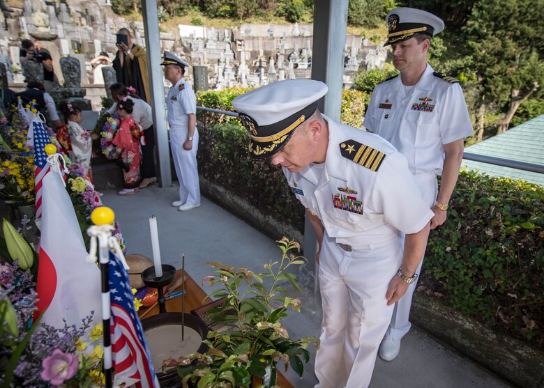SHIMODA, Japan (May 17, 2019) Capt. Jonathon Duffy, commodore of Destroyer Squadron (DESRON) 15, participates in a memorial service at Gyokusenji Temple during the 80th annual Shimoda Black Ship Festival. The Navy’s participation in the festival celebrates the heritage of U.S.-Japanese naval partnership first established by Commodore Matthew Perry’s 1853 port visit.
