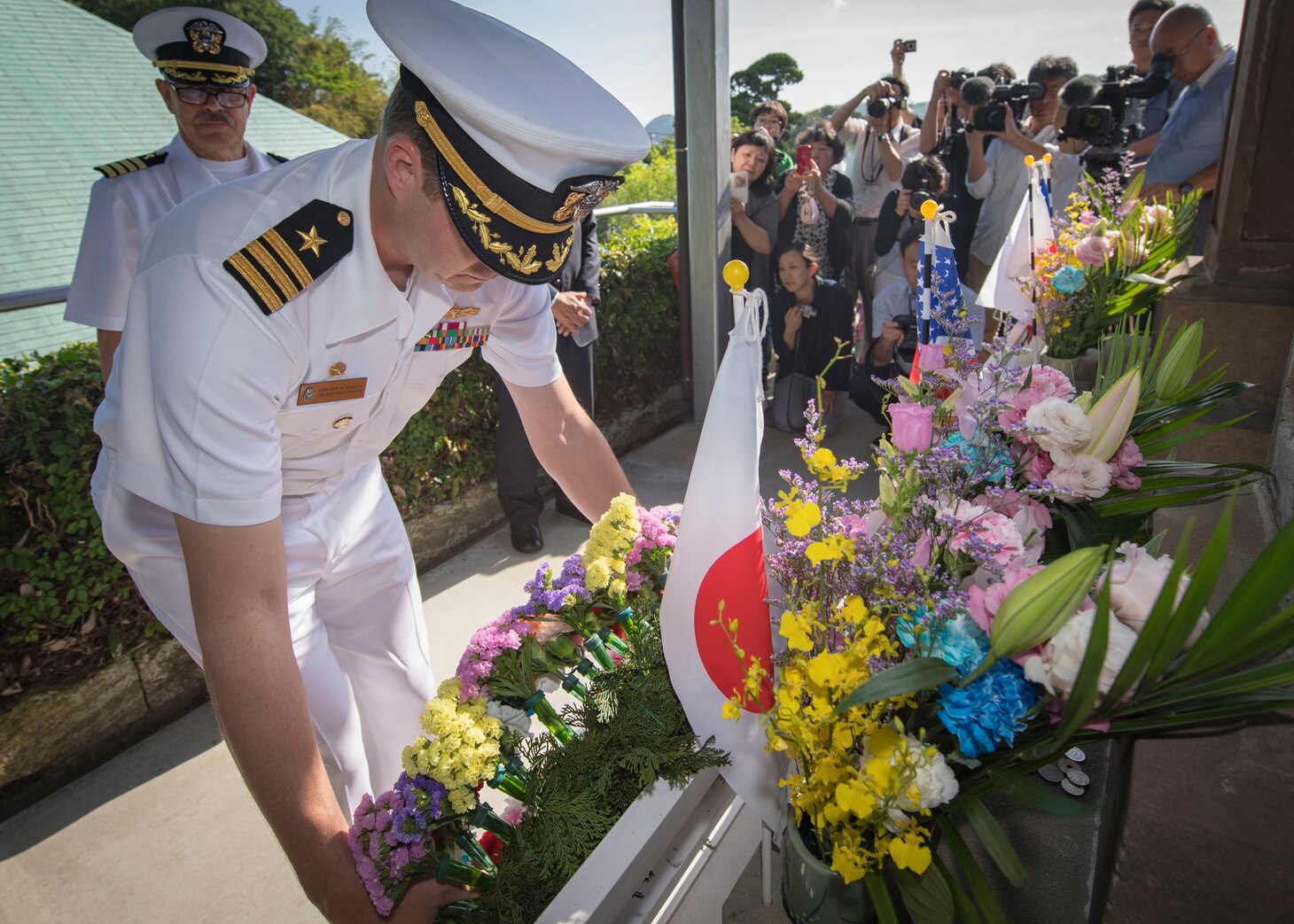 SHIMODA, Japan (May 17, 2019) Cmdr. Jeff W. Benson, commanding officer of USS Stethem (DDG 63), lays a wreath during a memorial service at Gyokusenji Temple during the 80th annual Shimoda Black Ship Festival. The Navy’s participation in the festival celebrates the heritage of U.S.-Japanese naval partnership first established by Commodore Matthew Perry’s 1853 port visit.