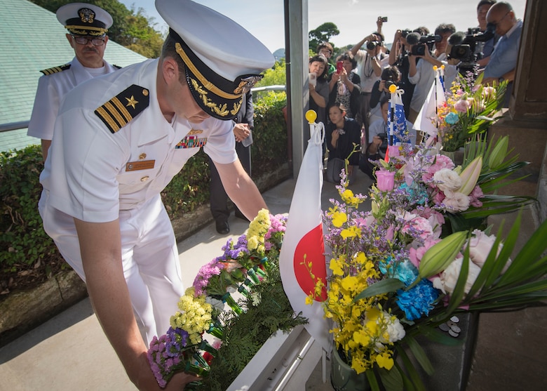 SHIMODA, Japan (May 17, 2019) Cmdr. Jeff W. Benson, commanding officer of USS Stethem (DDG 63), lays a wreath during a memorial service at Gyokusenji Temple during the 80th annual Shimoda Black Ship Festival. The Navy’s participation in the festival celebrates the heritage of U.S.-Japanese naval partnership first established by Commodore Matthew Perry’s 1853 port visit.