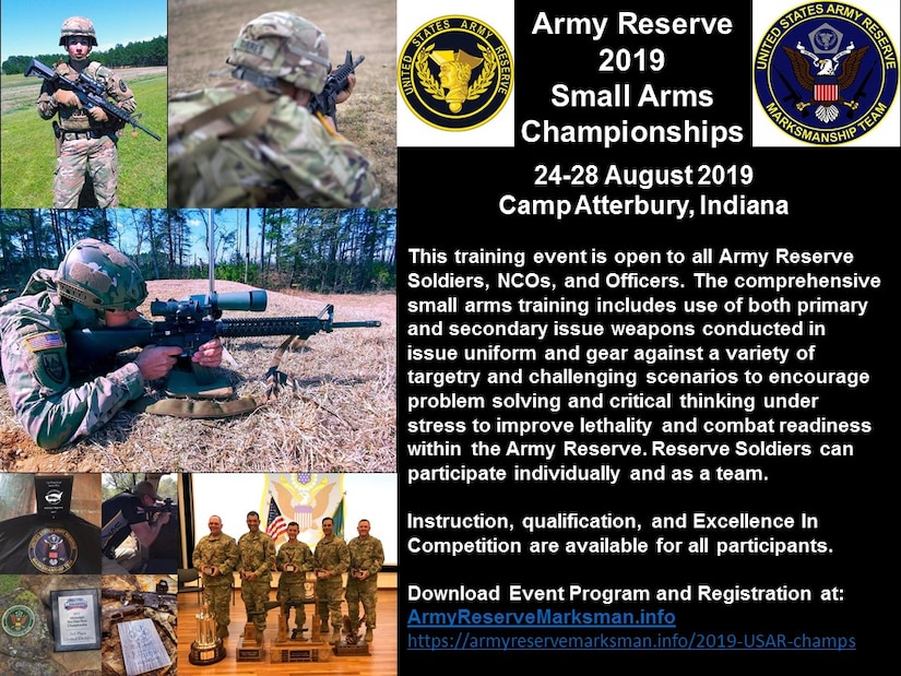The 2019 USAR Small Arms Championships are designed to train the most lethal, capable, and combat ready Army Reserve Soldiers. Get on the Road to Awesome by attending this event as an individual or team. All Army Reserve Soldiers are invited.