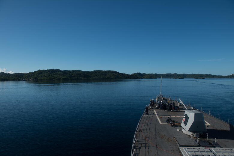 PALAU (May 15, 2019) The guided-missile destroyer USS Chung-Hoon (DDG 93) sails towards Palau to conduct a port visit. Chung-Hoon is deployed to the U.S. 7th Fleet area of operations in support of security and stability in the Indo-Pacific region.