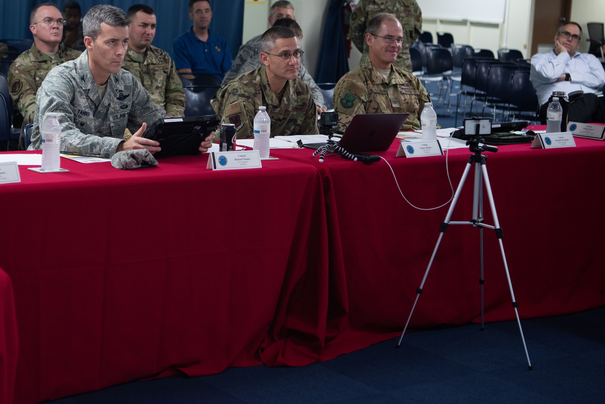 U.S. Air Force Col. Richard Tanner, 18th Wing vice commander, reviews spark tank submissions using the Valid Eval system May. 10, 2019, at Kadena Air Base, Japan.