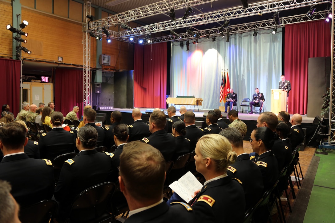 U.S. Army Reserve Lt. Col. Michael Hiller, commander of the 7th Intermediate Level Education Detachment, 7th Mission Support Command, speaks to graduates and guests during a U.S. Army Command and General Staff Officers Course Common Core graduation ceremony hosted by the 7th ILE DET in Grafenwoehr, Germany, May 17, 2019. The 7th ILE offers a unique year-long ILE common core curriculum designed for multi-component officers deployed or stationed overseas.