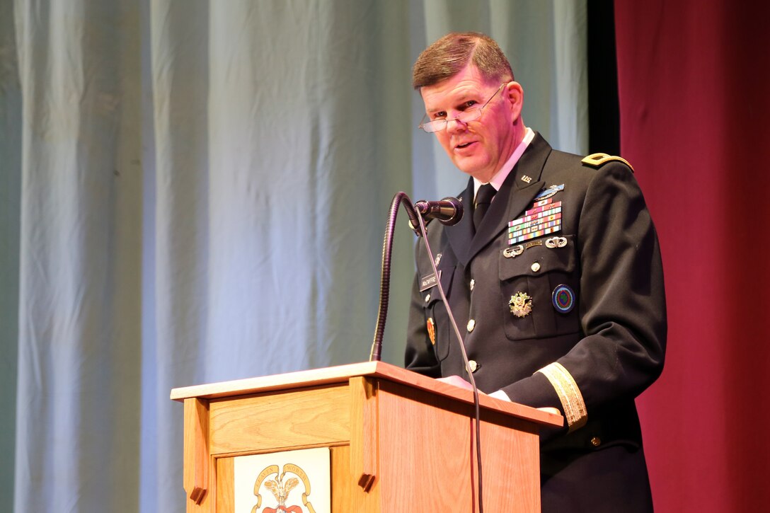 Maj. Gen. Todd B. McCaffrey, U.S. Africa Command chief of staff, gives the commencement speech during a U.S. Army Command and General Staff Officers Course Common Core graduation ceremony hosted by the 7th Intermediate Level Education Detachment, 7th Mission Support Command, in Grafenwoehr, Germany, May 17, 2019. The 7th ILE DET offers a unique year-long ILE common core curriculum designed for multi-component officers deployed or stationed overseas.