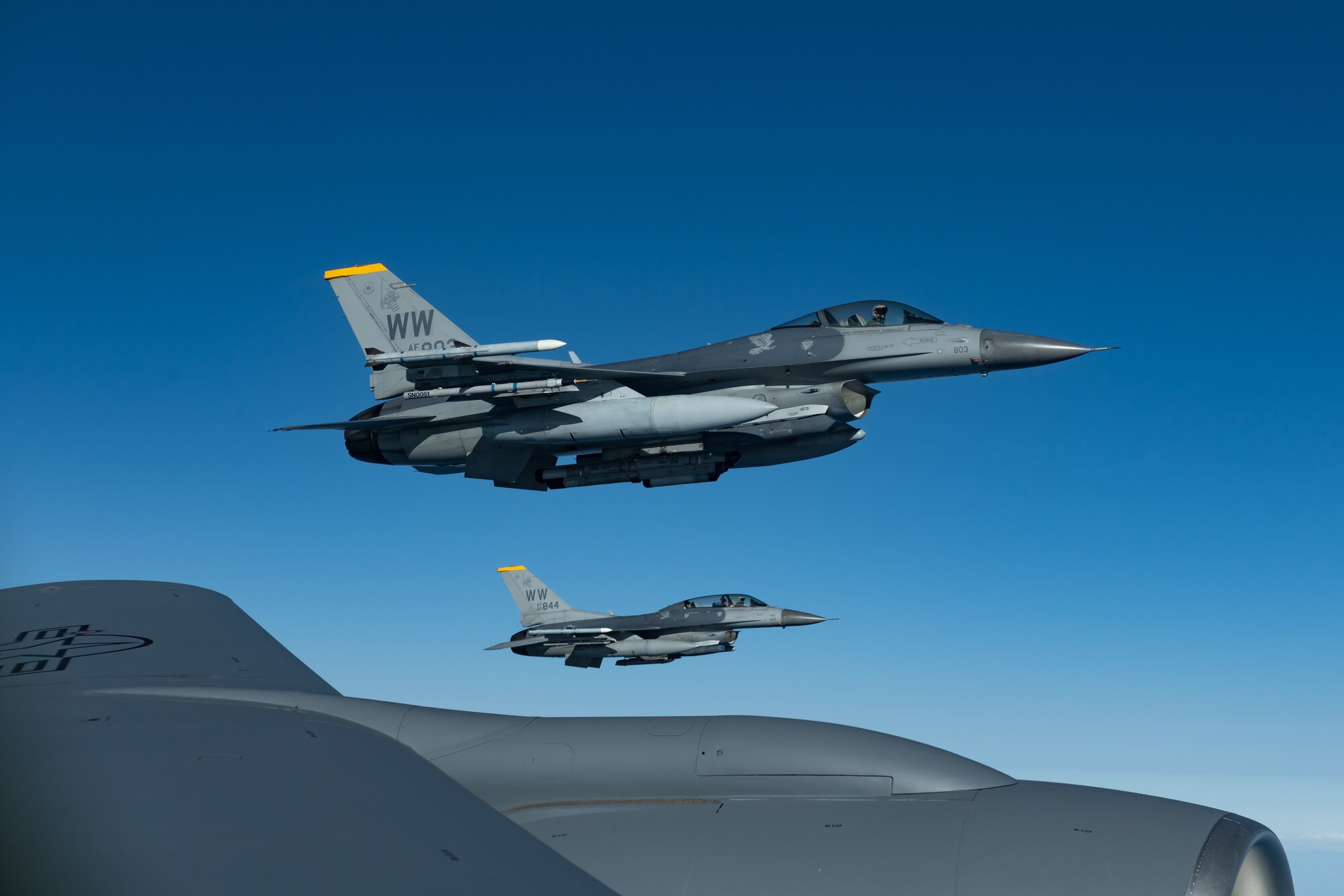 Two F-16CM Fighting Falcons from the 35th Fighter Wing, Misawa Air Base, fly during a routine training exercise off the coast of Japan, May 8, 2019. The 35th FW provides worldwide deployable forces with a sustained forward presence focused on maintaining a free-and-open Indo-Pacific. (U.S. Air Force photo by Airman 1st Class Matthew Seefeldt)