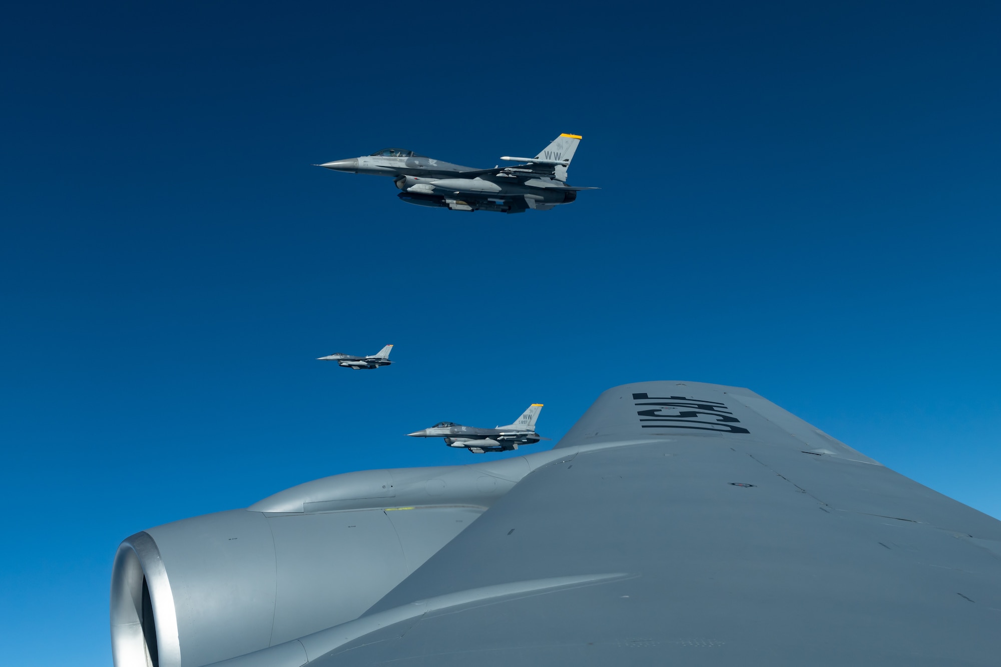Three F-16CM Fighting Falcons from the 35th Fighter Wing, Misawa Air Base, fly during a routine training exercise off the coast of Japan, May 8, 2019. The 35th FW provides worldwide deployable forces with a sustained forward presence focused on maintaining a free-and-open Indo-Pacific. (U.S. Air Force photo by Airman 1st Class Matthew Seefeldt)