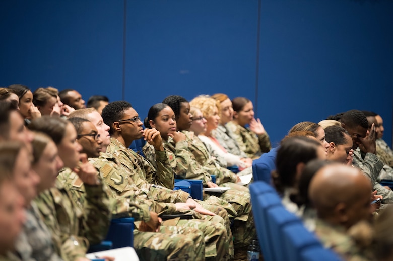 Airmen assigned to the 86th Airlift Wing partake in the Air Force Personnel Center Roadshow Town Hall at the Hercules Theater on Ramstein Air Base, Germany, May 13, 2019. Leaders and subject matter experts assigned to AFPC visited Ramstein to engage in two way communication with military and civilians and highlight changes to hiring methods, job postings, and assignment management. (U.S. Air Force photo by Staff Sgt. Jimmie D. Pike)