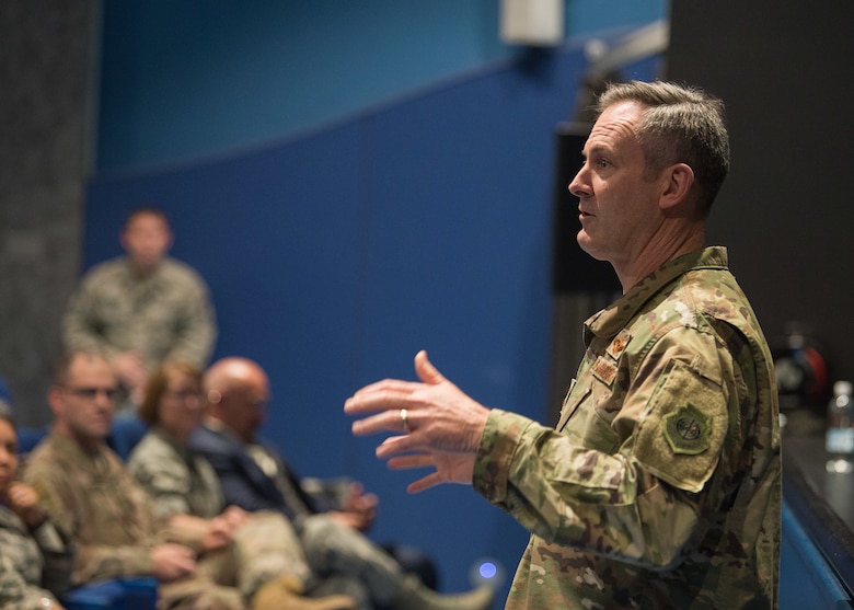 U.S. Air Force Maj. Gen. Andrew Toth, Air Force Personnel Center commander, opens the AFPC Roadshow Town Hall at the Hercules Theater on Ramstein Air Base, Germany, May 13, 2019. During the town hall, AFPC briefers spoke to 86th Airlift Wing military and civilians on changes to processes and policies regarding personnel matters. (U.S. Air Force photo by Staff Sgt. Jimmie D. Pike)