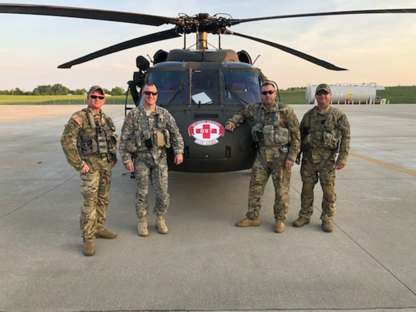 Staff Sgt. Jeremy Lowe, Chief Warrant Officer Cliff Flanagan, Capt. Jonathan Strayer, Staff Sgt. Shaun Morris, left to right, with Charlie Company, 2nd battalion, 238th Aviation, responded to a request for assistance from Wolfe County Emergency Management for a hoist rescue near Slade, Ky., May 18, 2019. The Guardsmen conducted a medical evacuation of a patient from a cliff in Natural Bridge State Park.