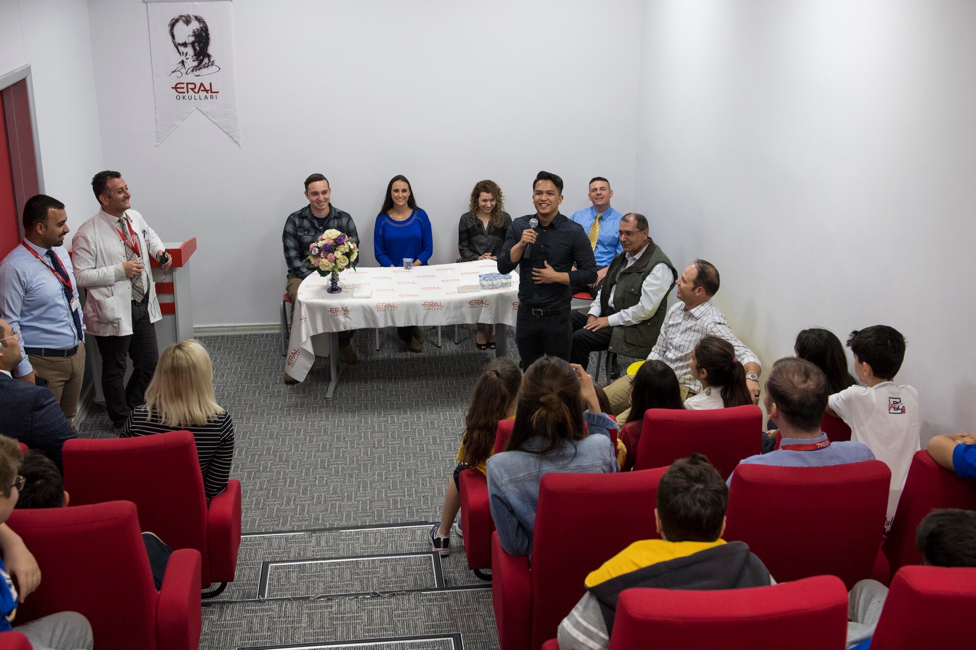 Staff Sgt. Mischa Martin, 39th Medical Operations Squadron physical therapist technician, briefs the students and faculty during a school visit on May 9, 2019, in Adana, Turkey. Martin raved about the benefit of conducting conversational English and how it inspired him to pursue teaching. (U.S. Air Force photo by Staff Sgt. Ceaira Tinsley)