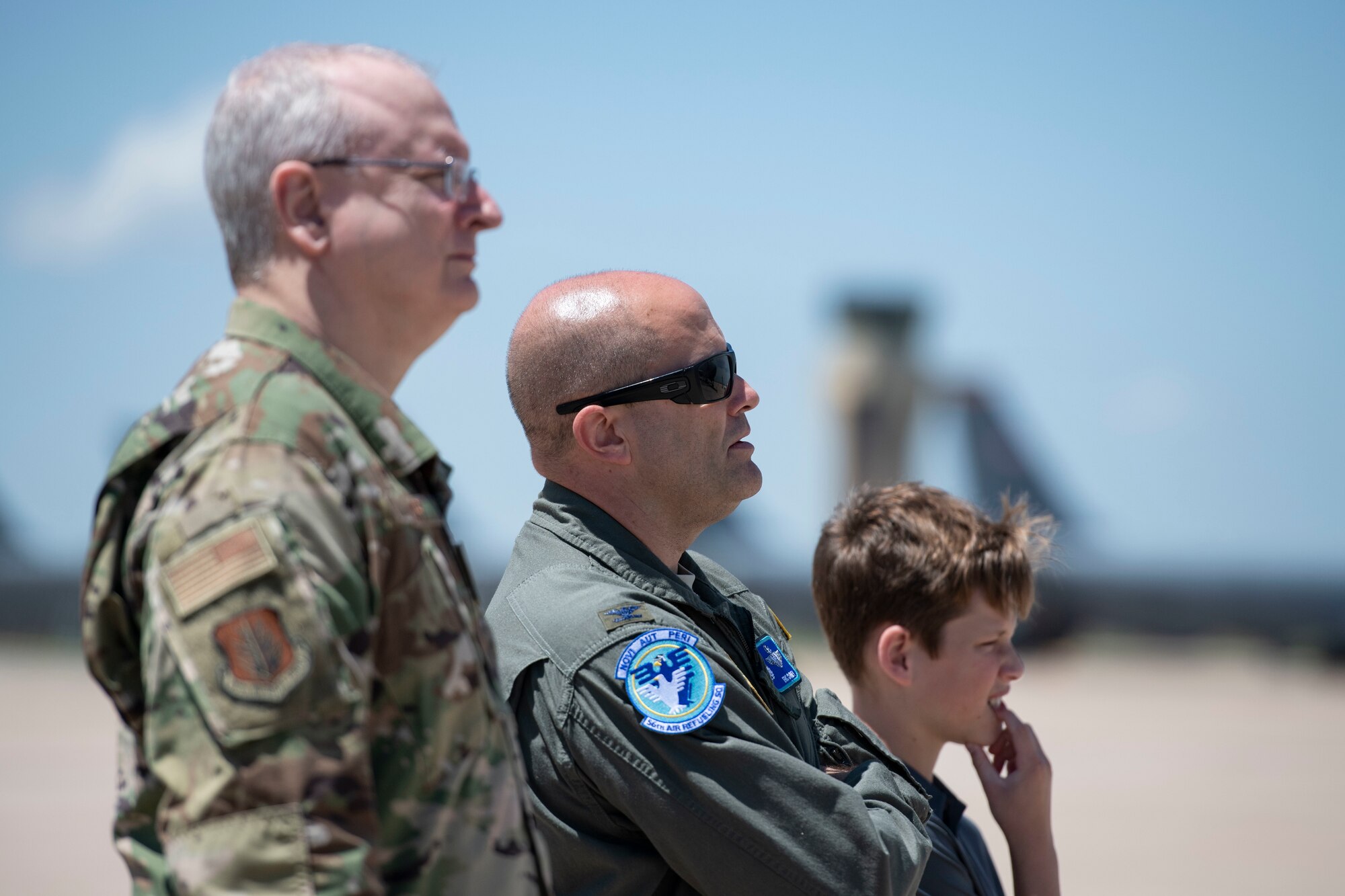 U.S. Air Force Col. Eric Carney, 97th Air Mobility Wing Commander, watches as the fourth KC-46 Pegasus taxis down the flight line, May 18, 2019, at Altus Air Force Base, Okla. This plane is the fourth KC-46 for Altus AFB to receive. (U.S. Air Force photo by Airman 1st Class Breanna Klemm)