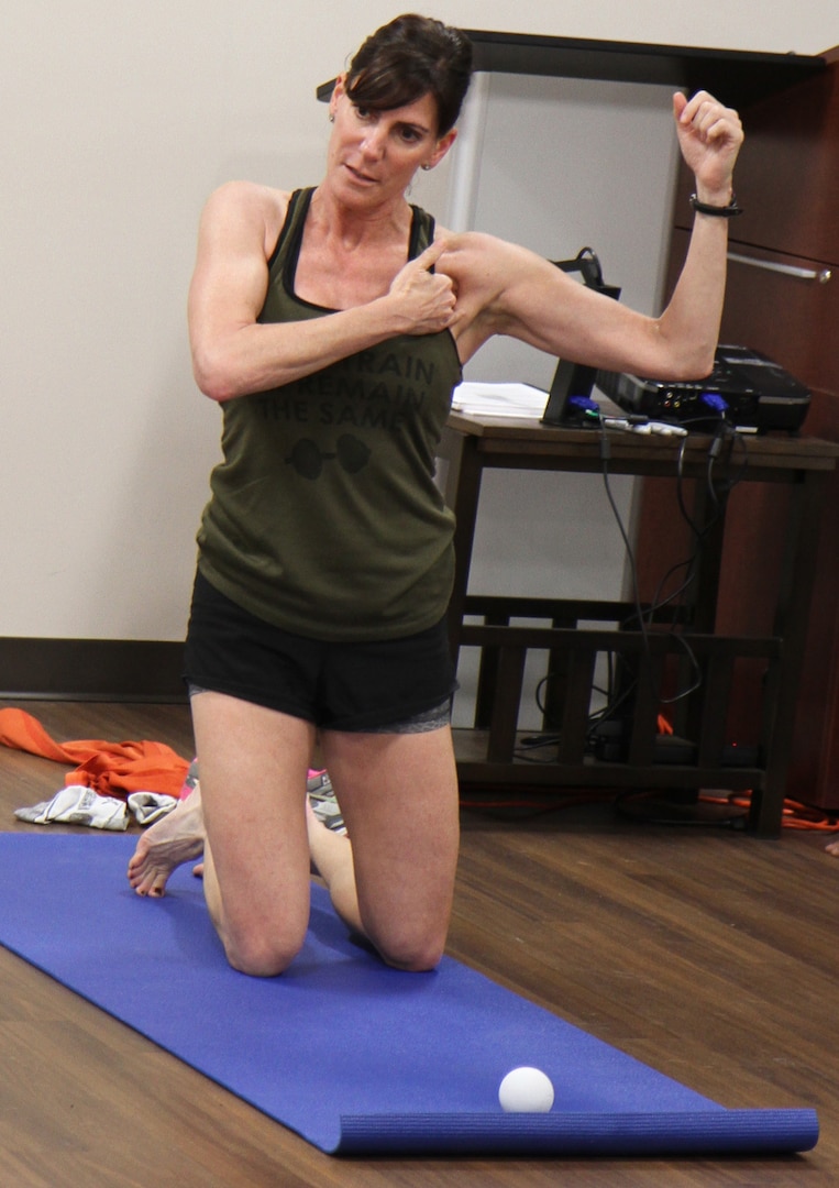 Dr. Tracy Smith, a physical therapist, retired Army colonel and 360° Leader Program, teaches during the 360 Program at the Vogel Resiliency Center at Joint Base San Antonio-Fort Sam Houston May 15. The week-long course offered non-commissioned officers from the Army and Air Force sessions focusing on breathing and relaxation response, physical fitness, relationships and communication to help them become better leaders.