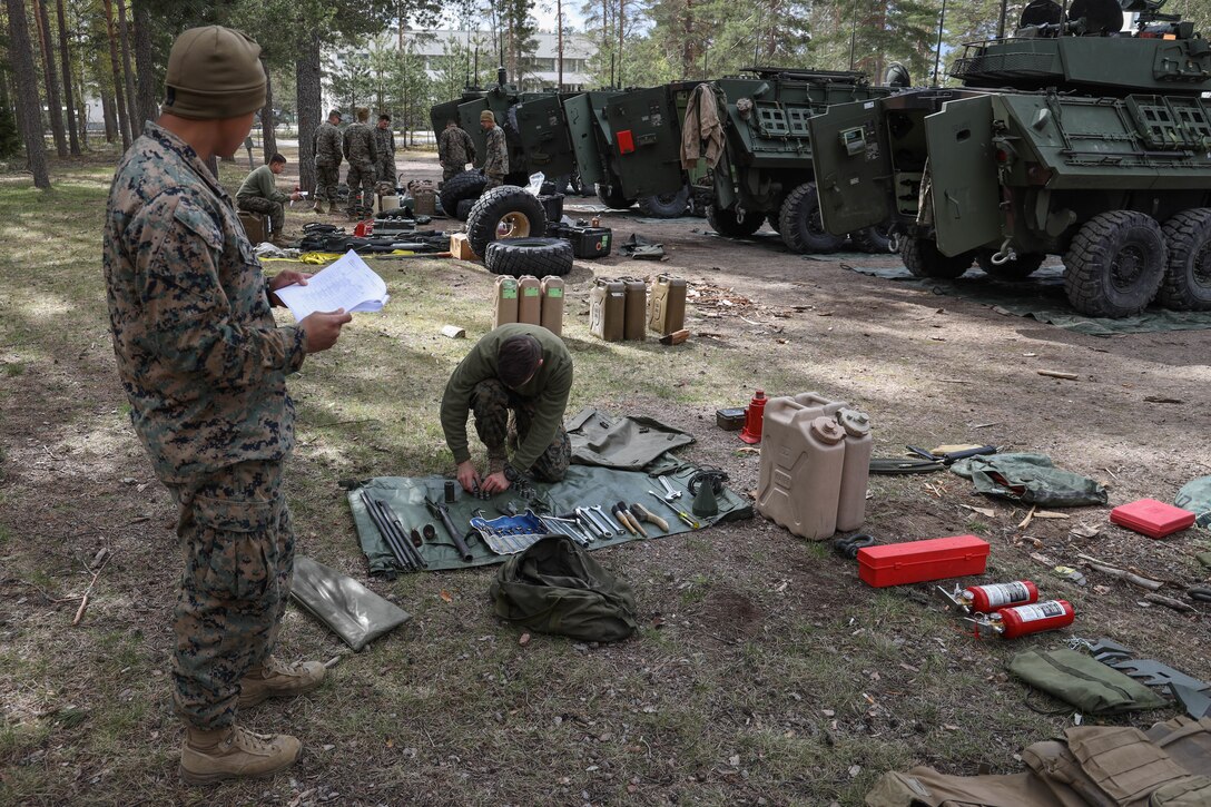 U.S. Marines with 2nd Light Armored Reconnaissance, 2nd Marine Division, II Marine Expeditionary Force, inventory gear during exercise Arrow 2019 at Niinisalo Garrison, Finland, May 5, 2019. Exercise Arrow 2019 is an annual multinational exercise with the purpose of training mechanized infantry, artillery, and mortar field skills in a live-fire exercise along with the partners from the Finnish Defense Forces. (U.S. Marine Corps photo by Lance Cpl. Scott Jenkins)
