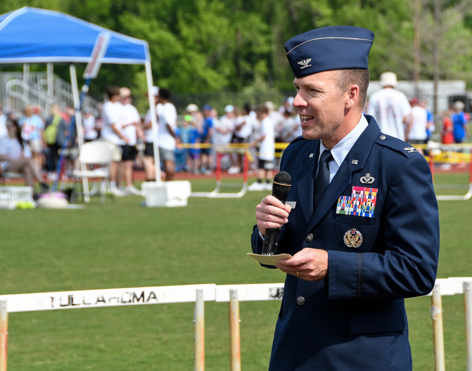 Col. Charles Roberts, chief of the AEDC Test Support Division based at Arnold Air Force Base, addresses the athletes and supporters gathered May 2, 2019, for the Tennessee Area 13 Special Olympics Spring Games at Tullahoma High School. (U.S. Air Force photo by Jill Pickett