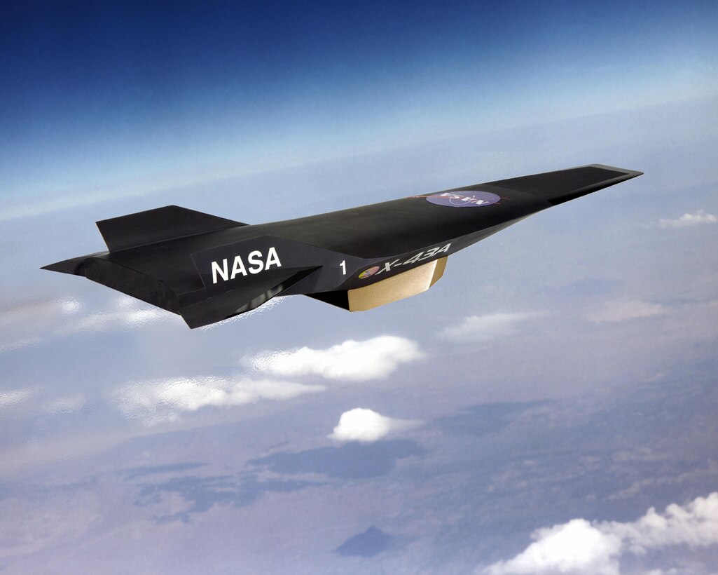 An artist’s conception of the X-43A Hypersonic Experimental Vehicle, or Hyper-X, in flight. Several AEDC team members held a brief reunion last month to share memories and reflect on their work in support of the X-43A. Over 15 years ago, the NASA X-43A Hypersonic Vehicle set a world speed record for a jet-powered aircraft. (Illustration courtesy of NASA)