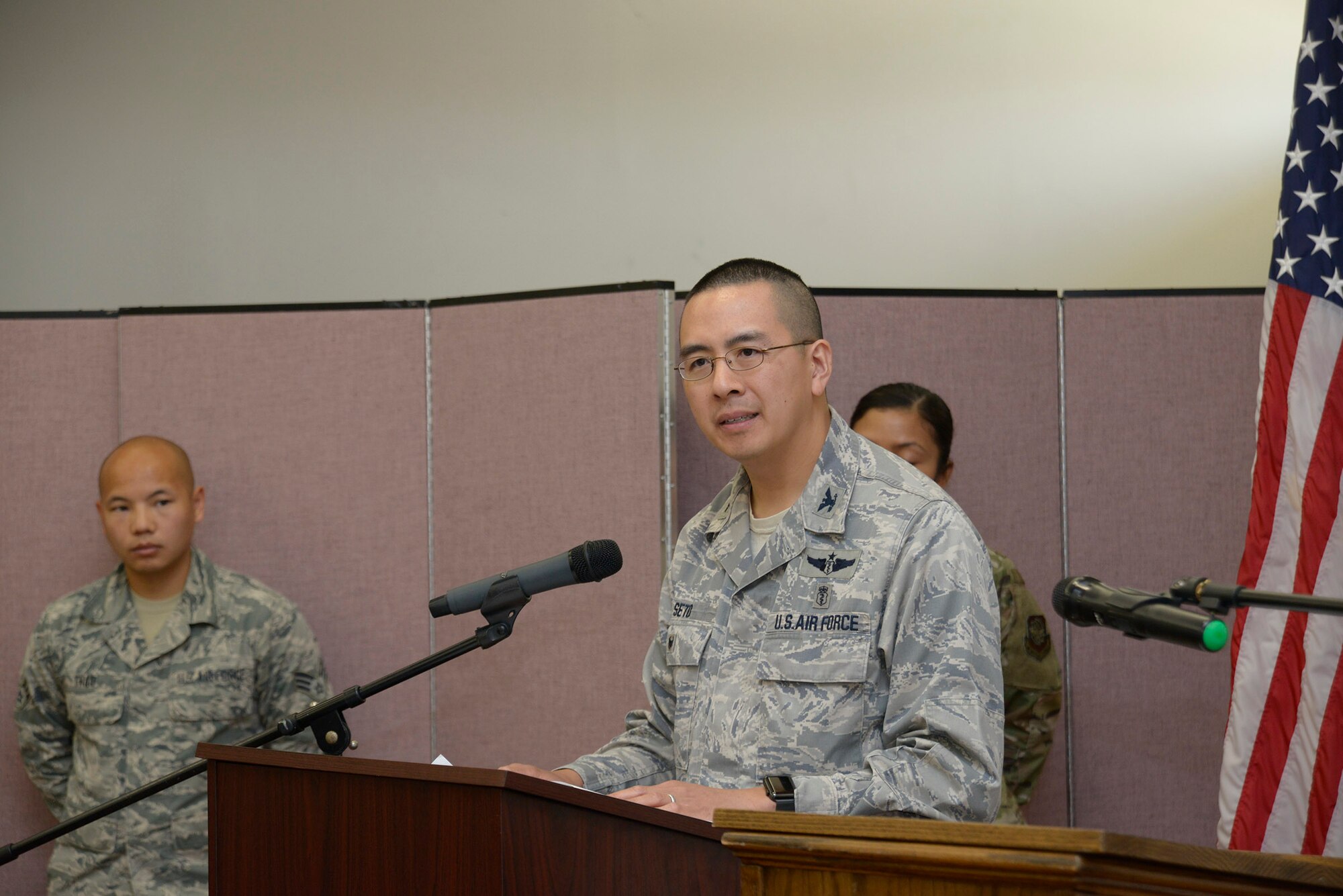 6th Medical Group Chief of Staff, U.S. Air Force Colonel Jiffy Seto, speaks to guests at the Asian Pacific Islander Heritage Month luncheon at MacDill Air Force Base, Fla., May 16, 2019.