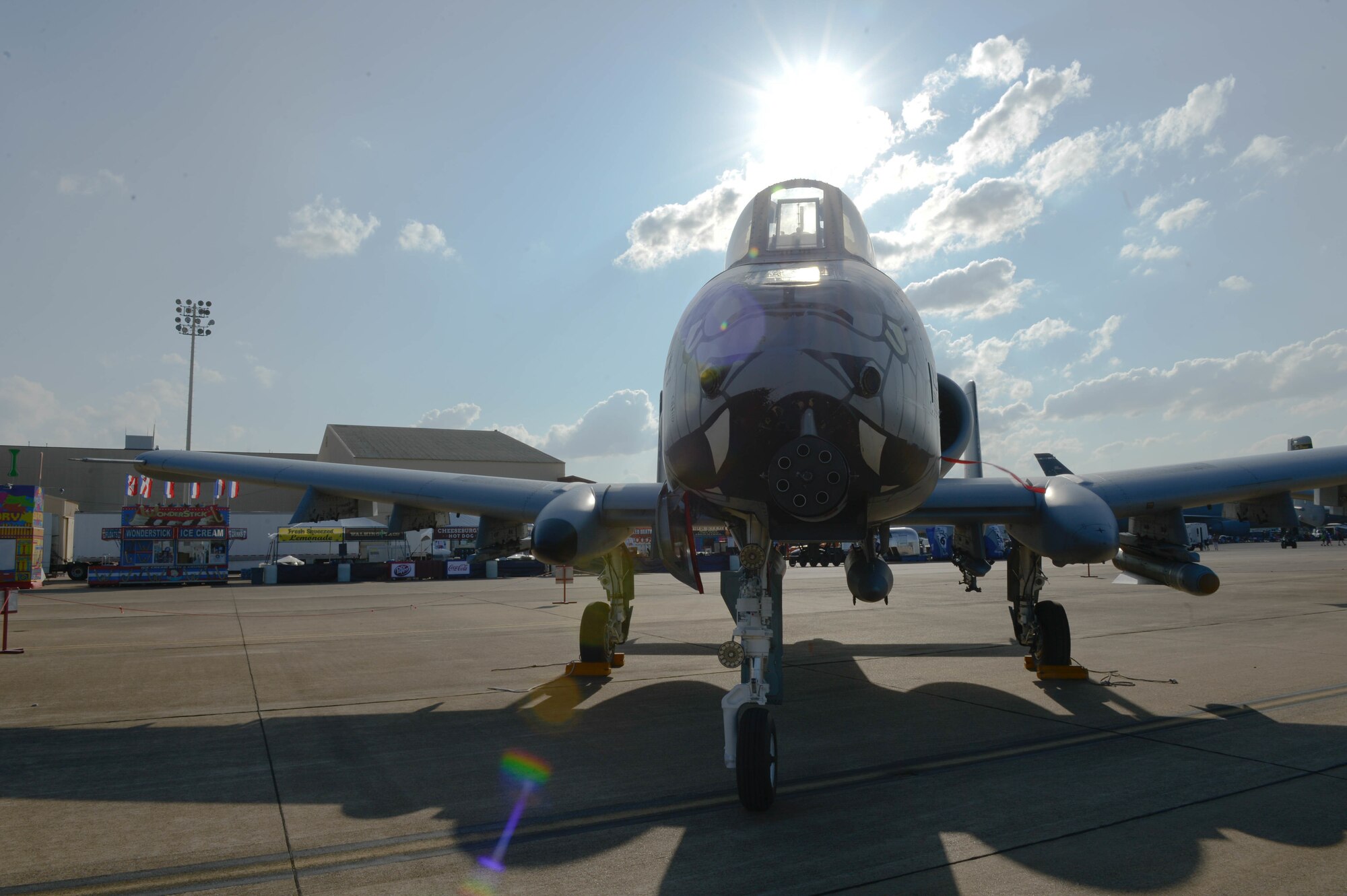 The sun sits atop an A-10 Thunderbolt II sits as a static display during the Defenders of Liberty Air & Space Show at Barksdale Air Force Base, La., May 17, 2019. The airshow was first held in 1933 and is a full weekend of military and civilian aircraft and performances and displays. (U.S. Air Force photo by Tech. Sgt. Will Bracy)