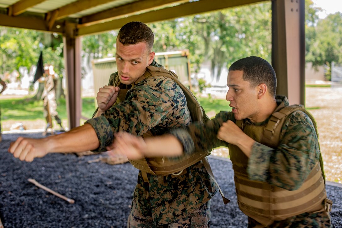 Marines with Martial Arts Instructor Course 1-19 conduct a 3-mile run