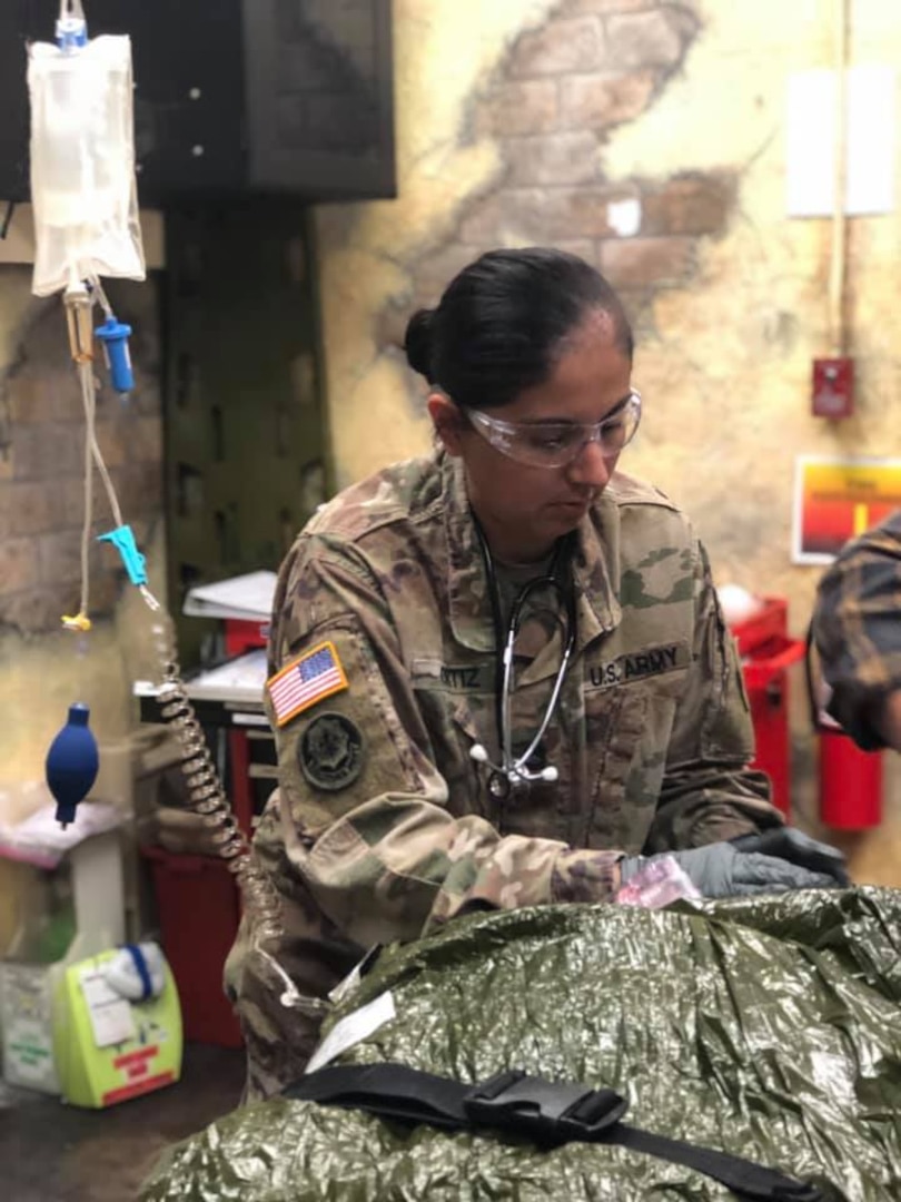 A Soldier training at the Tactical Combat Medical Care, or TCMC, course the at Army Medical Department Center & School, Health Readiness Center of Excellence at Joint Base San Antonio-Fort Sam Houston.