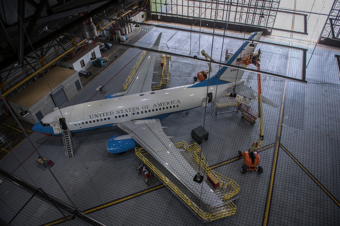 A 932nd Airlift Wing C-40C is surrounded by scaffolding and lifts as it has various routine maintenance done inside Hangar 1, Scott Air Force Base, Illinois, May 15, 2019. (U.S. Air Force photo by Christopher Parr)