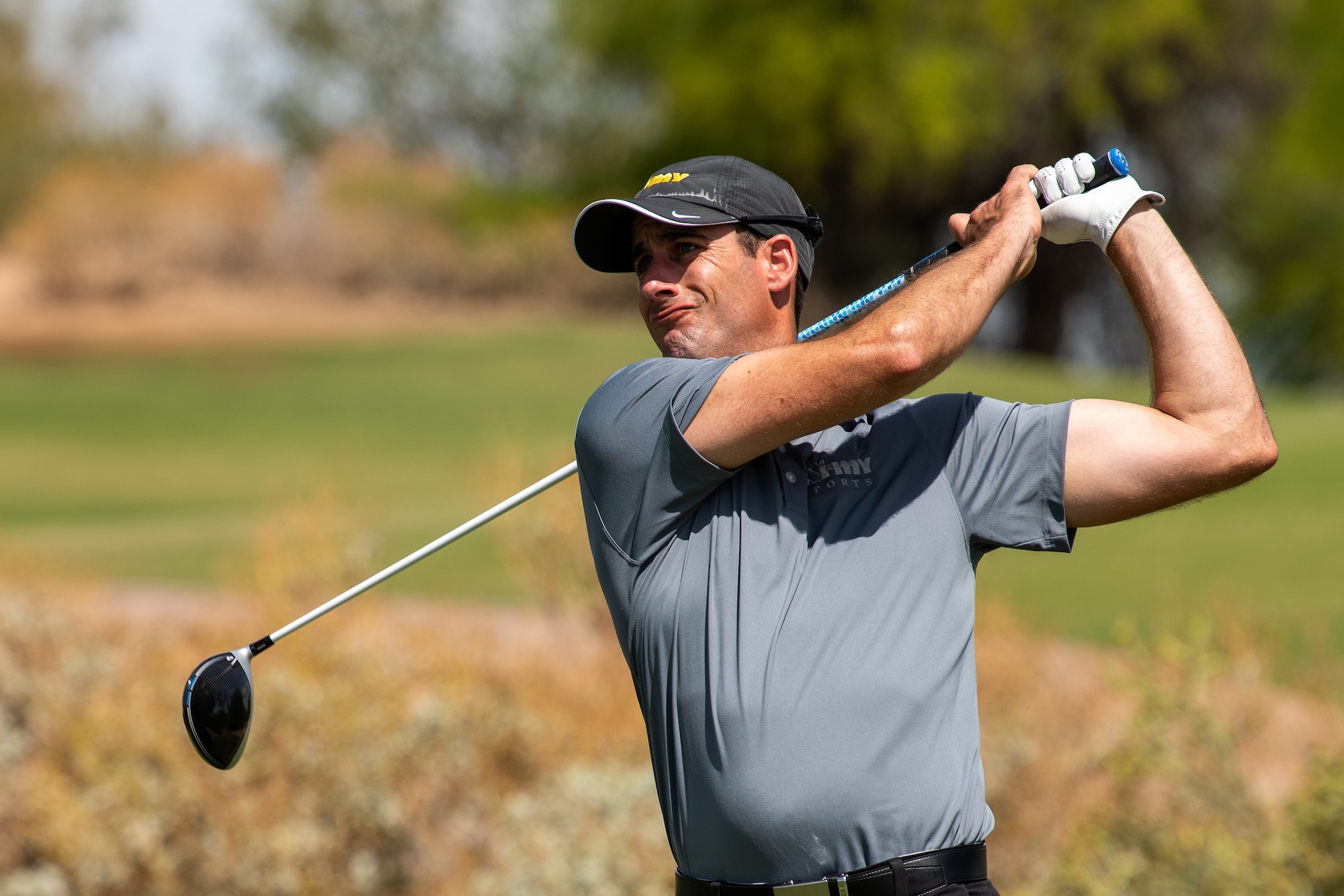 An Armed Forces Golf Championship participant tees off, May 16, 2019, at Falcon Dunes Golf Course near Luke Air Force Base, Ariz.