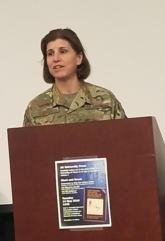Brigadier Gen. Andrea Tullos, Air Force director of security forces and deputy chief of staff for logistics, engineering and force protection, attended the Air University Press launch of the book Defending Air Bases in an Age of Insurgency, vol. 2, May 14, 2019, at Maxwell Air Force Base, Alabama. During the event, the former Maxwell installation commander commented that ‘air base defense is everyone’s responsibility. We’re all defenders, and in today’s environment there are no sanctuary areas for airpower.