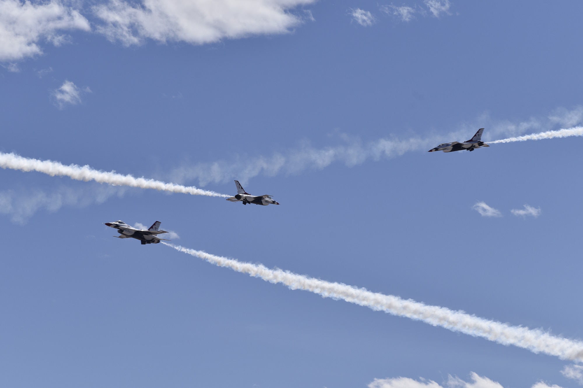The U.S. Air Force Thunderbirds at the Kirtland Air and Space Fiesta May 18, 2019, here. The Air Show featured a series of aeronautical and ground-based performances, and a STEM and space exhibition. The Fiesta was capped off by the U.S. Air Force Thunderbirds. Early estimates put the crowd at more than 35,000. (U.S. Air Force photo by Airman 1st Class Austin J. Prisbrey)