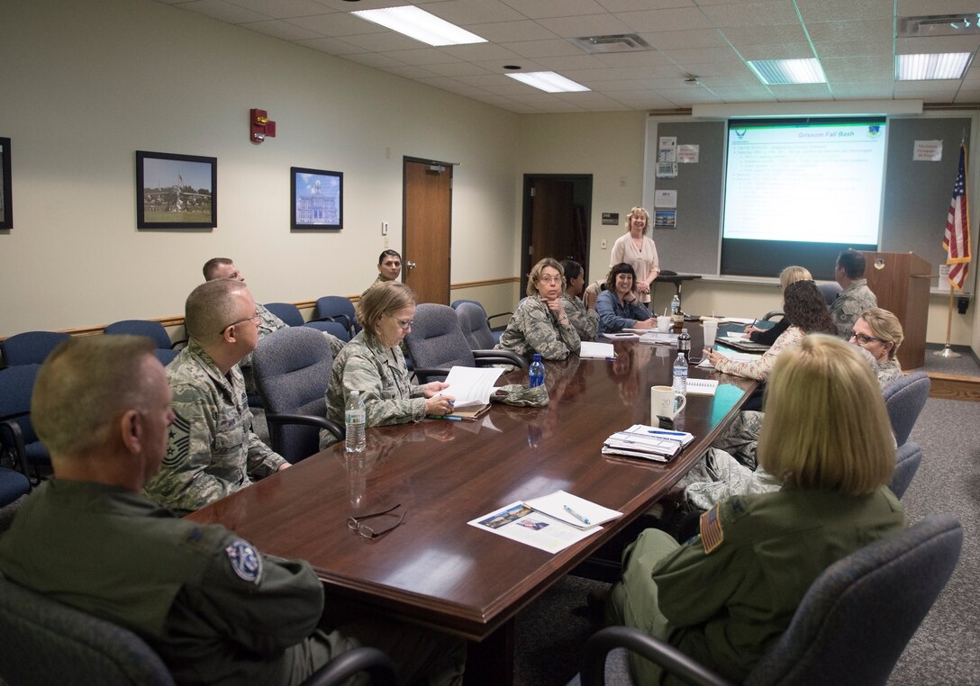 Christy Shives 434th Air Refueling Wing Community Action Team chair, leads the CAT in discussion here May 5. Grissom’s Community Action Team stood up in 2017, functions as a cross-organizational leadership decision making forum to identify, resolve or elevate issues that impact Airmen here. (U.S. Photo by/Tech. Sgt. Jami K. Lancette)