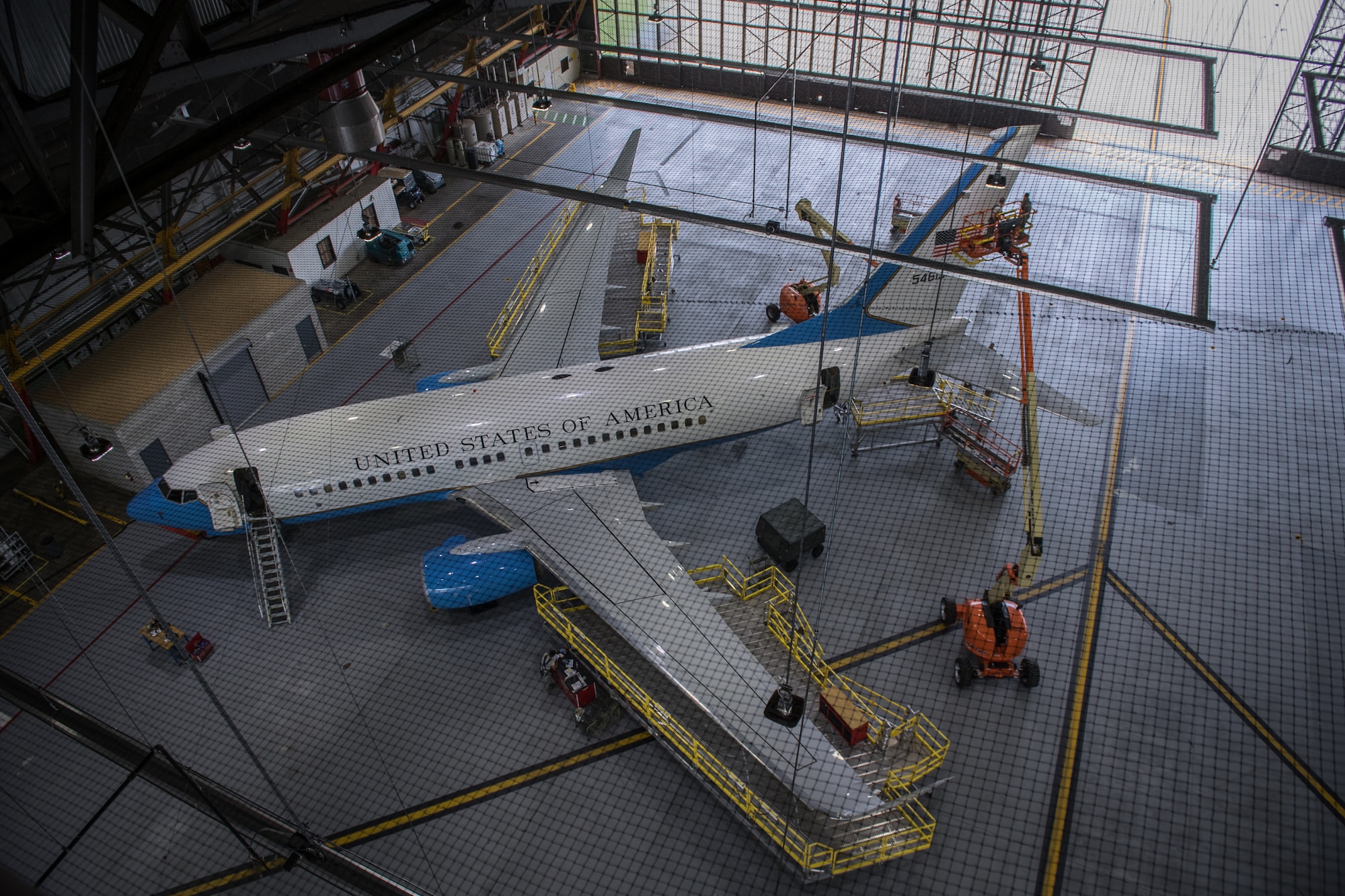 A 932nd Airlift Wing C-40C is surrounded by scaffolding and lifts as it has various routine maintenance done inside Hangar 1, Scott Air Force Base, Illinois, May 15, 2019. (U.S. Air Force photo by Christopher Parr)