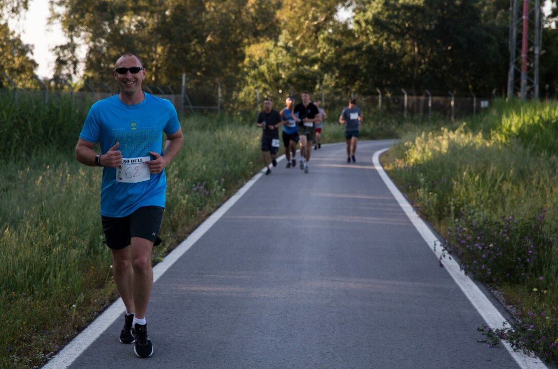 A U.S. Marine with Special Purpose Marine Air-Ground Task Force-Africa 19.2, Marine Forces Europe and Africa, participates in the annual “No Bull” 10-kilometer and half-marathon run aboard Moron Air Base, Spain, May 3, 2019. The event allowed the members of the base to participate in a run throughout the base. This increased unit cohesion, morale, and team-building skills of service members and patrons aboard the base. (U.S. Marine Corps photo by Cpl. Margaret Gale)