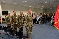 Col. Aaron J. Justice the incoming commander of the 510th Regional Support Group, 7th Mission Support Command joined Brig. Gen. Fred R. Maiocco, commander of the 7th MSC, Col. Alexis M. Wells, the outgoing commander of the 510th RSG , fellow Reserve Soldiers from the 7th MSC,  as well as family members and  dignitaries in a change of command ceremony held at United States Army Garrison Rheinland-Pfalz, Sembach  May 19, 2019. (US Army photo by Sgt. Daniel J. Friedberg, 7th MSC Public Affairs Office).