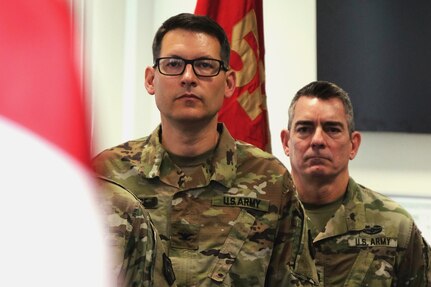 Col. Aaron J. Justice the incoming commander of the 510th Regional Support Group, 7th Mission Support Command joined Brig. Gen. Fred R. Maiocco, commander of the 7th MSC, Col. Alexis M. Wells, the outgoing commander of the 510th RSG , fellow Reserve Soldiers from the 7th MSC,  as well as family members and  dignitaries in a change of command ceremony held at United States Army Garrison Rheinland-Pfalz, Sembach  May 19, 2019. (US Army photo by Sgt. Daniel J. Friedberg, 7th MSC Public Affairs Office).