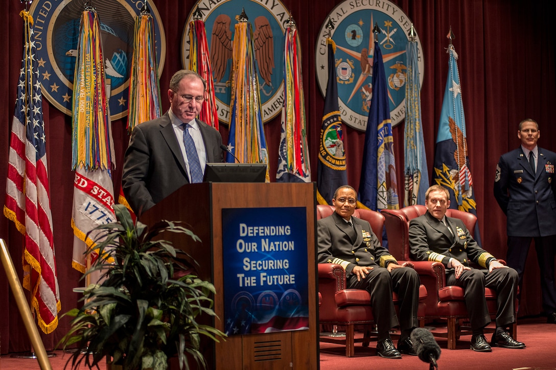 Dr. Michael Vickers, Under Secretary of Defense for Intelligence (USDI), speaks at the Assumption of Command Ceremony for ADM Michael Rogers, USN, 03 April 2014