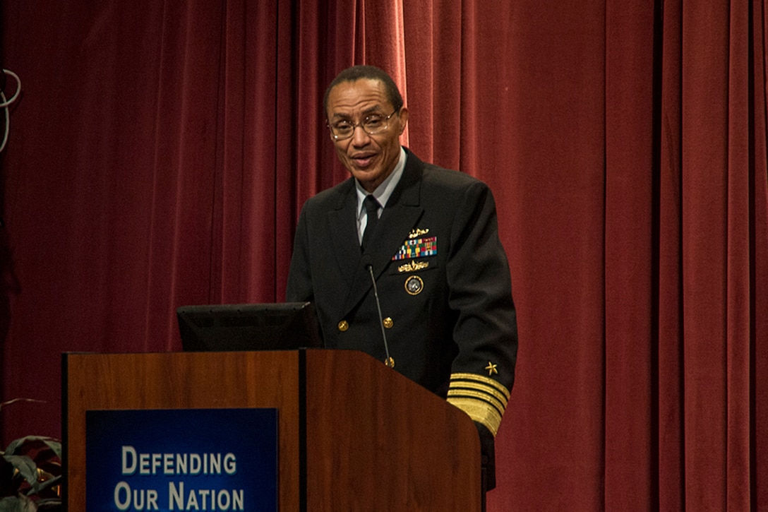 ADM Cecil Haney, USN, Commander, U.S. Strategic Command, speaks at the Assumption of Command Ceremony for ADM Michael Rogers, USN, 03 April 2014