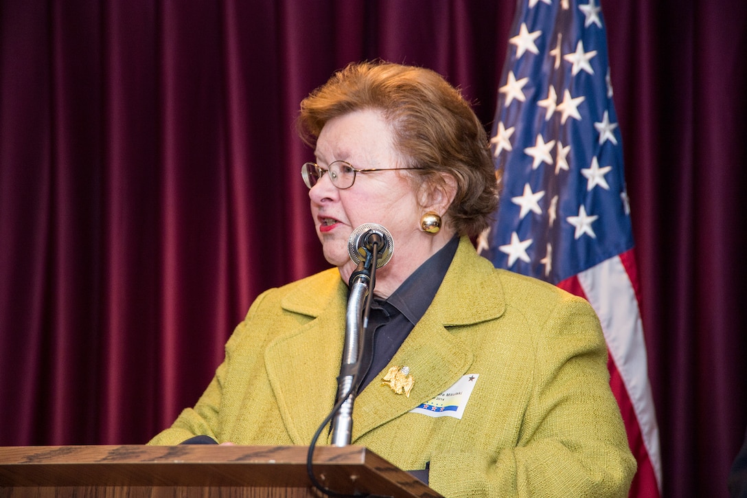 Senator Barbara Mikulski (D-MD) speaks at a reception preceding the retirement ceremony of GEN Keith Alexander, USA, 28 March 2014