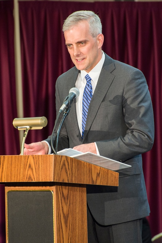 White House Chief of Staff Denis McDonough addresses the audience at the retirement ceremony for GEN Keith Alexander, USA, on March 28, 2014