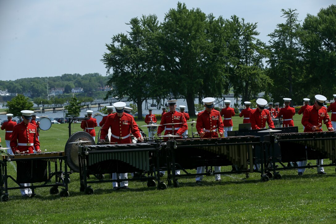 Marines with “The Commandant's Own,” U.S. Marine Drum and Bugle Corps, perform during a Battle Color Ceremony at the United States Naval Academy in Annapolis, Maryland, May 20, 2019. Parents, family members and guests of the First Class Midshipmen were invited to attend a series of events, in honor of the graduates. (U.S. Marine Corps photo by Pfc. Allen Sanders)