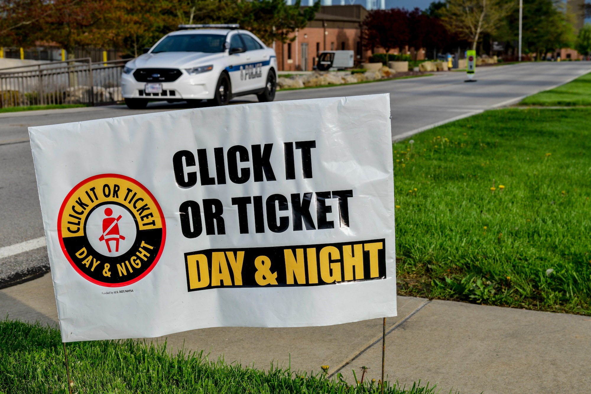 A sign portrays Youngstown Air Reserve Station’s participation in the Click it or Ticket national seat belt campaign.