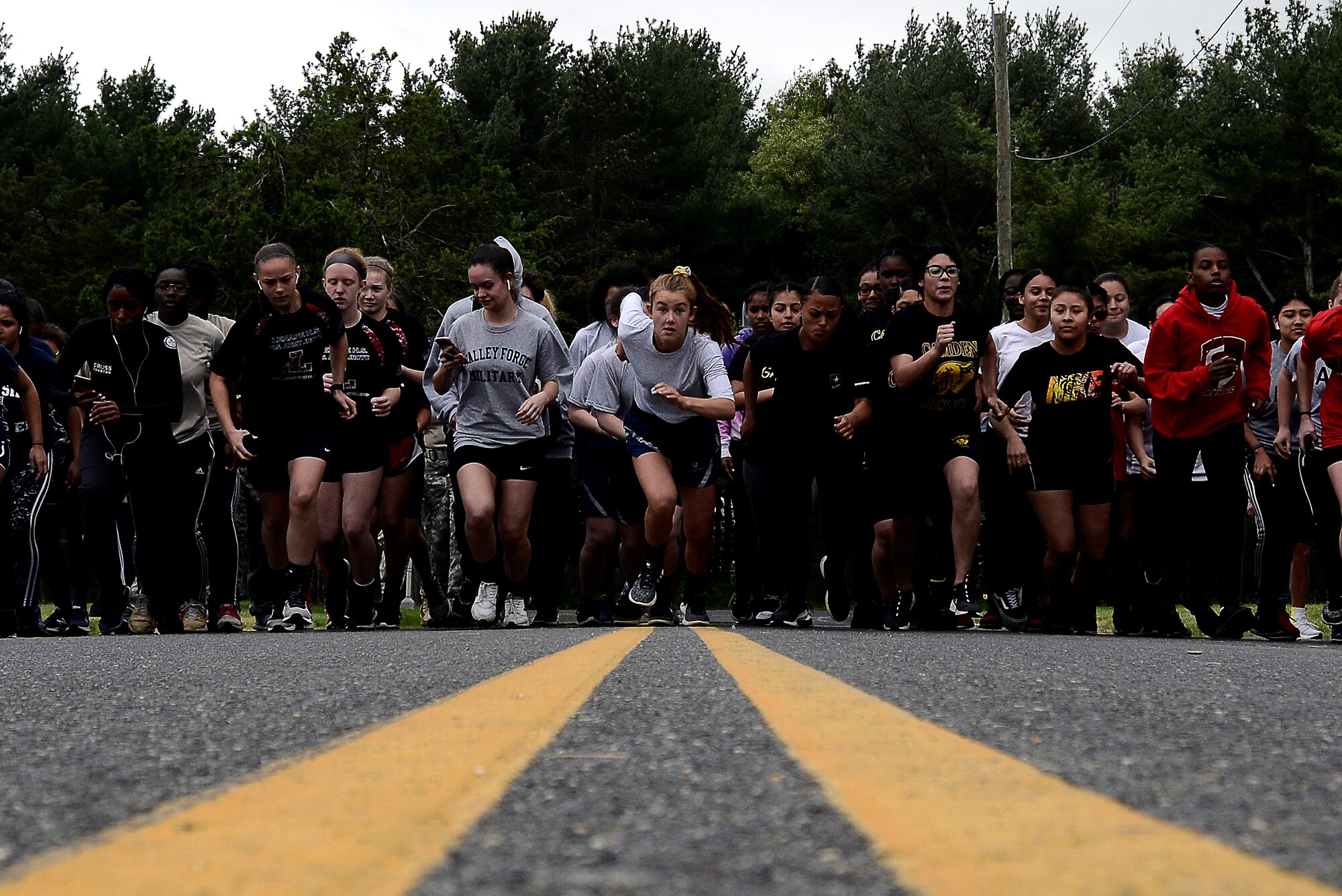 JROTC cadets begin a 1 mile race at the South Jersey Joint Military Services Commander’s Cup Competition on Joint Base McGuire-Dix-Lakehurst, New Jersey, May 9, 2019. The five-event competition allows JROTC units from around the region to participate in a day of friendly competition and exercise. (U.S. Air Force photograph by Tech. Sgt. Austin Knox)