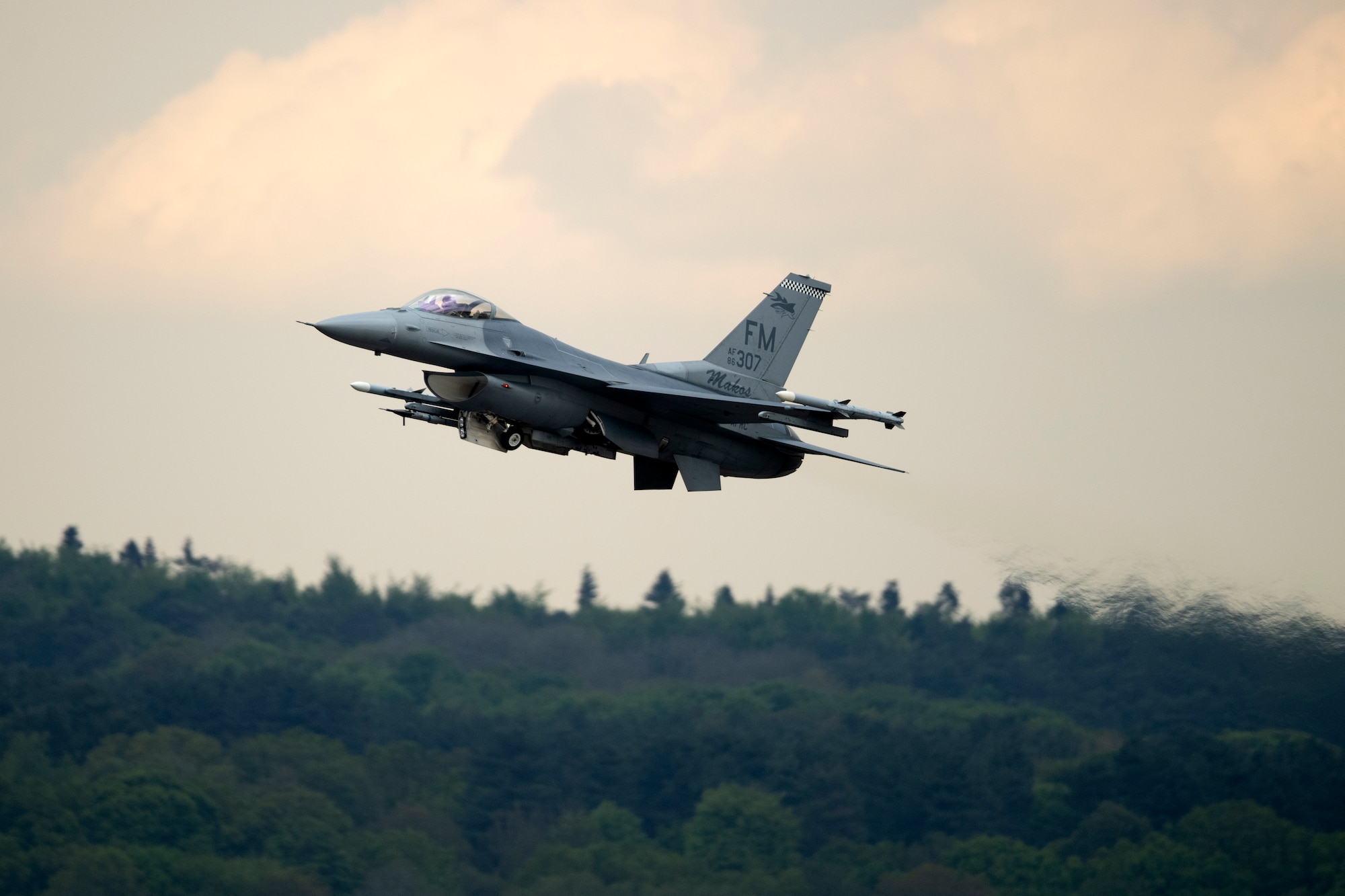 An F-16C Fighting Falcon assigned to the 93rd Fighter Squadron, Homestead Air Reserve Base, Fla., takes off from the flight line at Royal Air Force Lakenheath, England, May 7, 2019. Aircrew and support personnel from the Homestead ARB deployed to RAF Lakenheath to participate in a Flying Training Deployment with U.S. Air Forces in Europe units, as well as partners and allies in the region. (U.S. Air Force photo by Senior Airman Malcolm Mayfield)