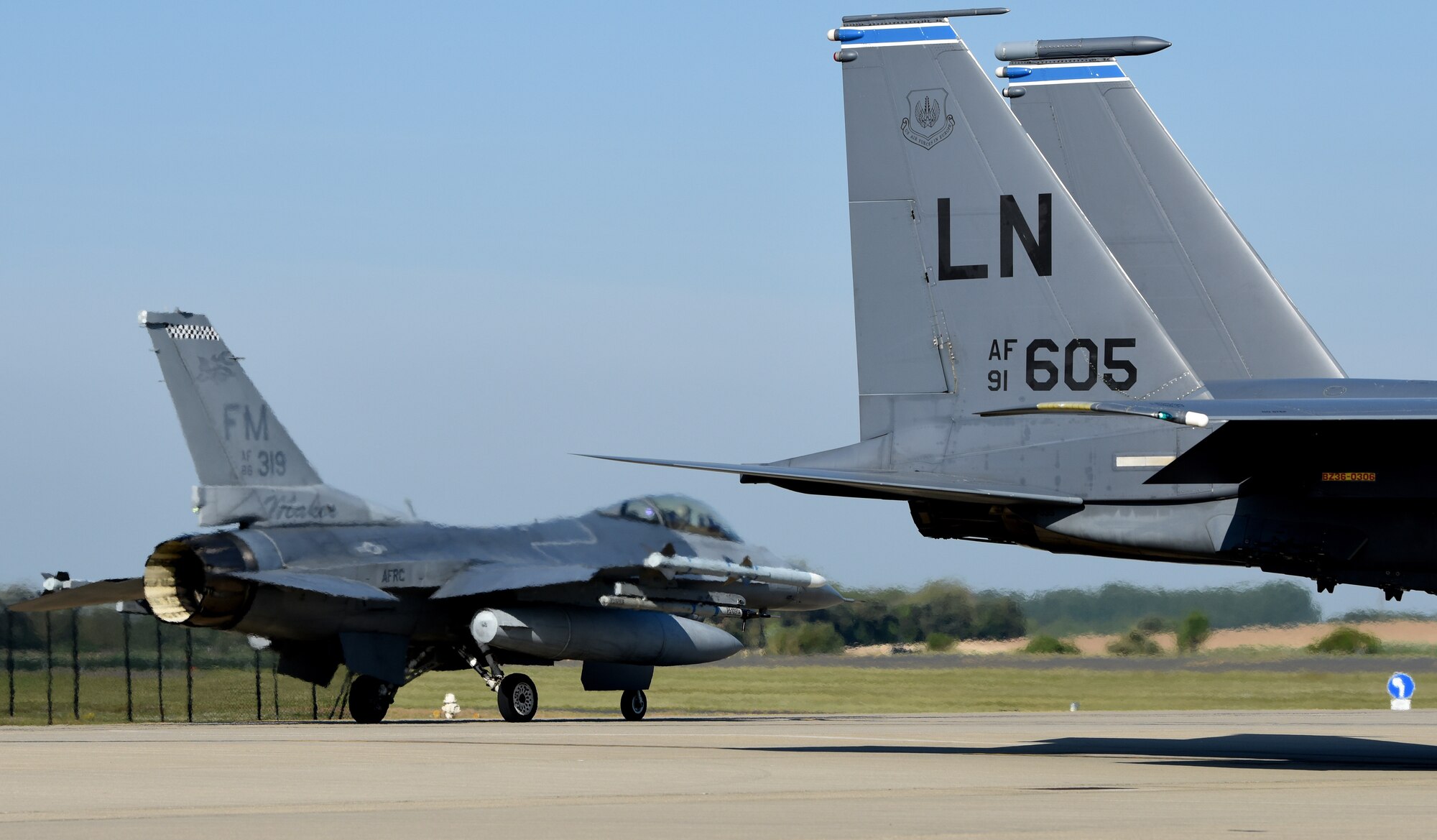 An F-16C Fighting Falcon assigned to the 93rd Fighter Squadron, Homestead Air Reserve Base, Fla., taxis during a Flying Training Deployment at Royal Air Force Lakenheath, England, May 16, 2019. The 93rd FS deployment to RAF Lakenheath demonstrates the U.S. Air Force’s ability to integrate a total force team into U.S. Air Forces in Europe-Air Forces Africa training and operations. (U.S. Air Force photo by Airman 1st Class Madeline Herzog)