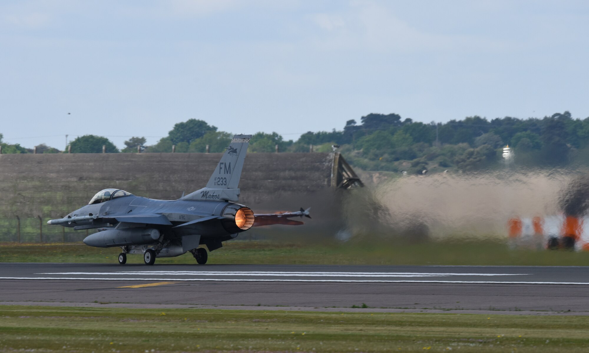 An F-16C Fighting Falcon assigned to the 93rd Fighter Squadron, Homestead Air Reserve Base, Fla., takes off at Royal Air Force Lakenheath, England, May 21, 2019. The unit's deployment to RAF Lakenheath demonstrates the U.S. Air Force's ability to integrate a total force team into U.S. Air Forces in Europe-Air Forces Africa training and operations. (U.S. Air Force photo by Airman 1st Class Madeline Herzog)