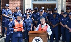 John J. Tecklenburg, mayor of Charleston, speaks during the National Safe Boating Week Open House held May 18, 2019, at U.S. Coast Guard Sector Charleston in Charleston, S.C. Tecklenburg stressed the importance of boating safety as well as maintaining acute situational awareness while on the water. The Coast Guard National Safe Boating Week Campaign is an annual week-long event held every May to promote boating safety and to inform the public on proper boating procedures. Federal law mandates that the U.S. Coast Guard establish the National Boating Safety Advisory Council and consult with it on regulations and other major boating safety matters. (U.S. Air Force photo by Senior Airman Cody R. Miller)
