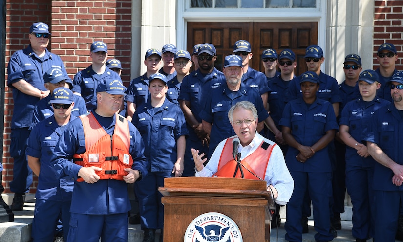 John J. Tecklenburg, mayor of Charleston, speaks during the National Safe Boating Week Open House held May 18, 2019, at U.S. Coast Guard Sector Charleston in Charleston, S.C. Tecklenburg stressed the importance of boating safety as well as maintaining acute situational awareness while on the water. The Coast Guard National Safe Boating Week Campaign is an annual week-long event held every May to promote boating safety and to inform the public on proper boating procedures. Federal law mandates that the U.S. Coast Guard establish the National Boating Safety Advisory Council and consult with it on regulations and other major boating safety matters. (U.S. Air Force photo by Senior Airman Cody R. Miller)