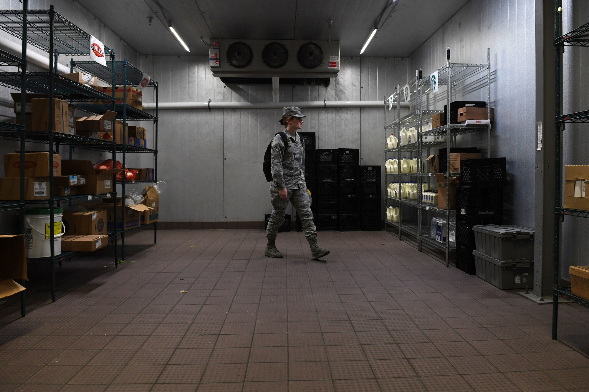 A woman walks in the middle of a walk-in freezer.